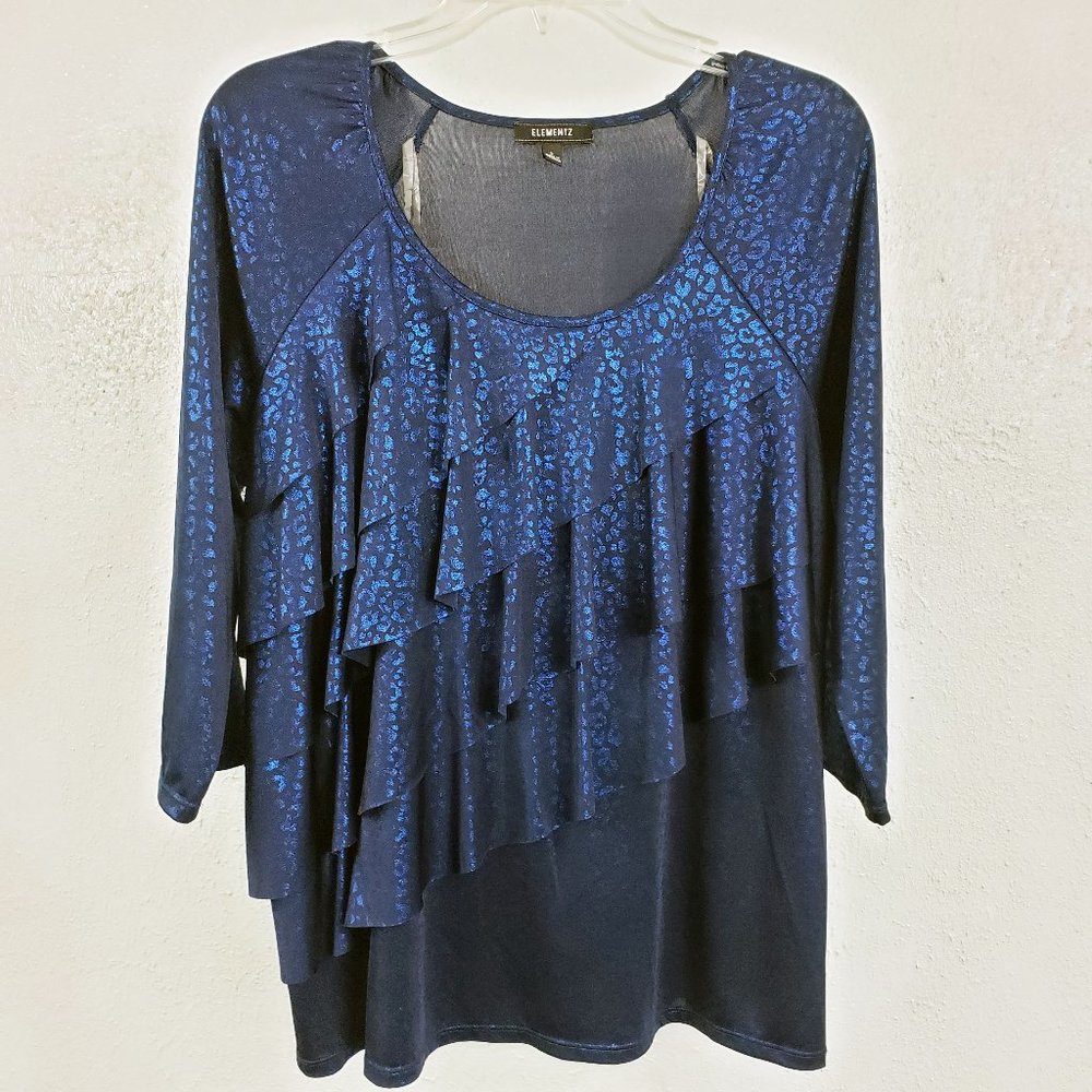 Elementz Women's Blue Snake Skin Animal Print Shimmer Ruffle Lg Shirt Top Blouse